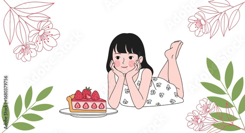 Sweet Moment: A Girl Contemplating Over a Strawberry Tart, Resting On The Floor