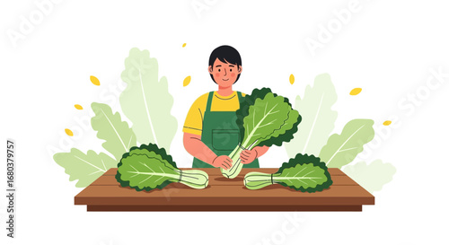 Smiling Person Holding Fresh Bok Choy Vegetables On Wooden Table Flat Illustration