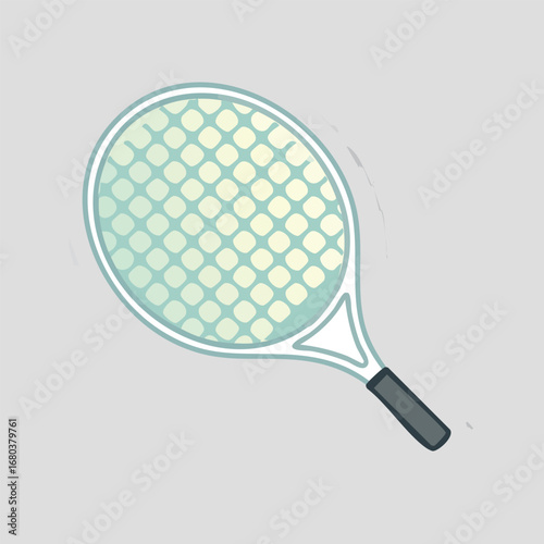 Cartoon tennis racket illustration with black handle and net design, sports equipment symbol for game and competition