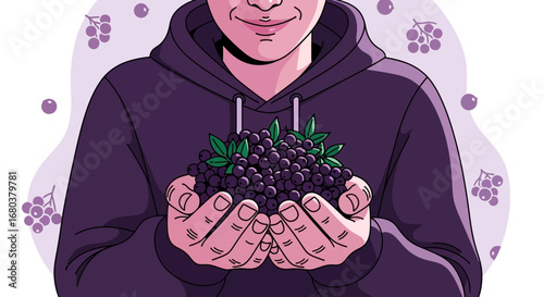 Smiling Person Holding Freshly Picked Berries, Showing Abundance and Harvest