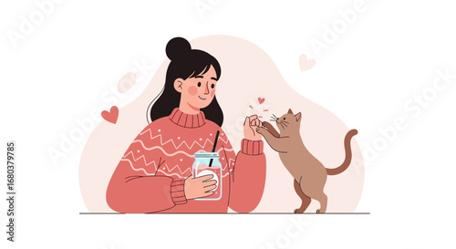 Sweet Moments Of Friendship: A Girl Sharing Love and Beverages With Her Cat