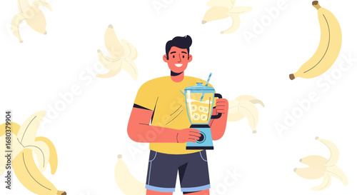 Smiling Person Preparing Smoothie, Healthy Recipe, Fresh Fruits, Modern Kitchen Illustration