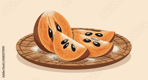 Sweet Sapodilla Fruit Slices Arranged Tastefully On Wooden Plate with Powdered Sugar.
