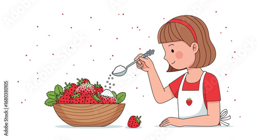 Sweet Strawberry Prep: A Young Girl Sweetening Berries In A Wooden Bowl
