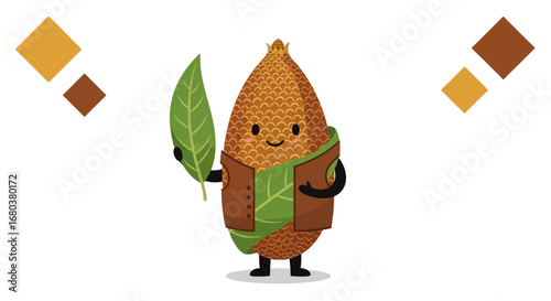 Smiling Salak Fruit Cartoon With Green Leaf Stylishly Posed on White Background