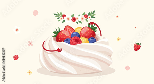 Sweet Treat Delight: A Whimsical Dessert Decorated With Colorful Berries and Blooms