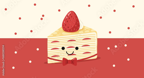 Smiling Strawberry Cake Slice With A Red Bow, Decorated In Cute, Colorful Style