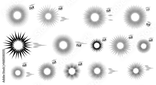 Collection of stylized sun graphic elements in various sizes and shades of gray.