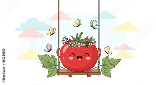 Smiling Tomato Character Enjoys Swinging With Butterflies In a Whimsical Scene