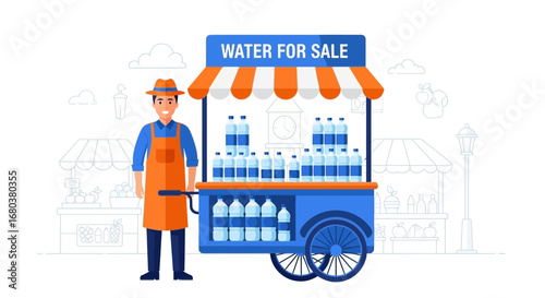 Smiling Street vendor Stands Next To a Water Cart Ready To Sell Refreshing Bottles
