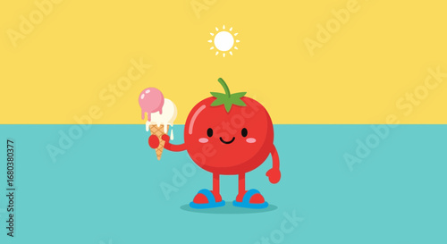Smiling Tomato Character Enjoying Ice Cream Cone and Sunlight On Summer Day