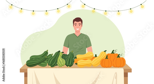Smiling Vendor Stands Behind Table Loaded With Assorted Autumn Produce For Sale