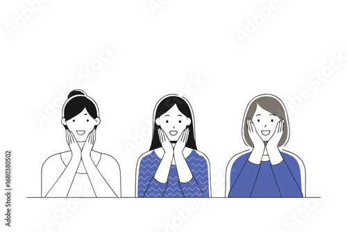 Vector art of three women with surprised expressions, hands on cheeks