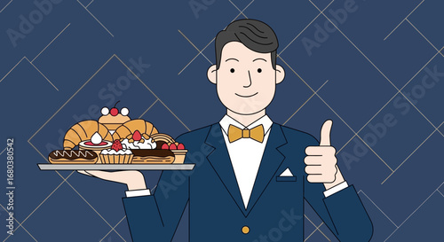 Smiling Waiter With Desserts Offering Delicious Baked Goods, Approve Delicious Options