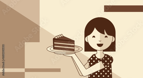 Smiling Waitress Presents Delicious Chocolate Cake on a Plate, Vector Illustration
