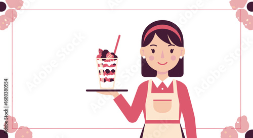 Smiling Waitress Presenting a Delicious Berry Parfait, Perfect Restaurant Concept