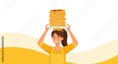 Smiling Woman Balancing a Stack of Pancakes on Her Head in a Sunny Yellow Setting