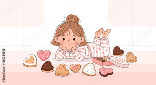 Sweetheart's Daydream: Cozy Girl Beside Colorful Heart-Shaped Cookies