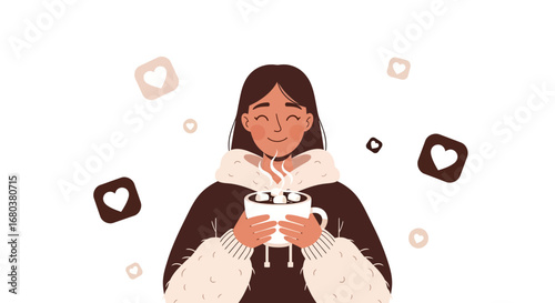 Smiling Woman Enjoying a Cozy Mug of Hot Beverage with Heart Emblems, Perfect for Winter
