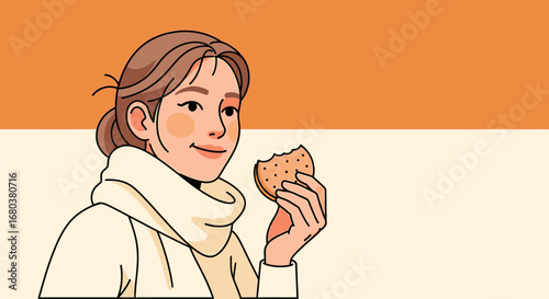 Smiling Woman Enjoying a Cookie in a Trendy Illustration, Modern Aesthetic Style
