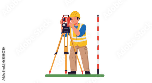 Illustration of a construction worker using surveying equipment for land measurement in a project location