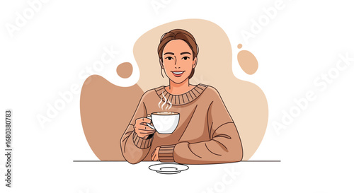 Smiling Woman Enjoying Hot Drink and Resting, Perfect Illustration for Coffee Lovers