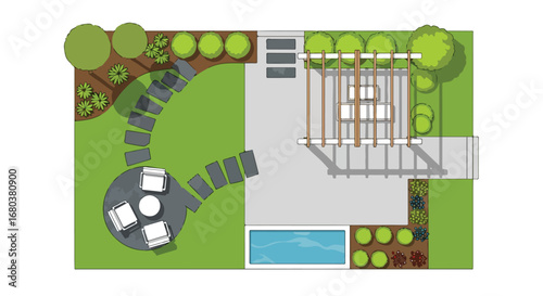 Architectural Visualization of a Modern Backyard Design Featuring a Patio, Pool and Greenery Rendering an inviting outdoor retreat