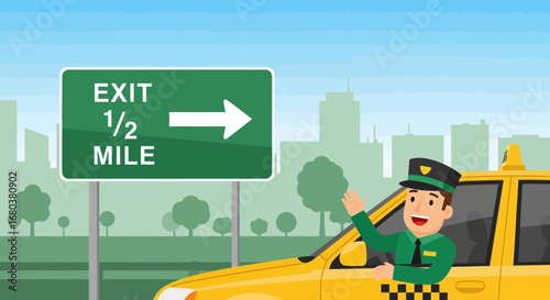 Taxi Driver Signaling Directional Exit Sign Of Highway Driving Towards Right Side