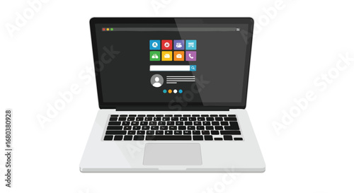 Laptop displaying a stylized login interface with colorful application icons and user profile, suggesting technology and online access
