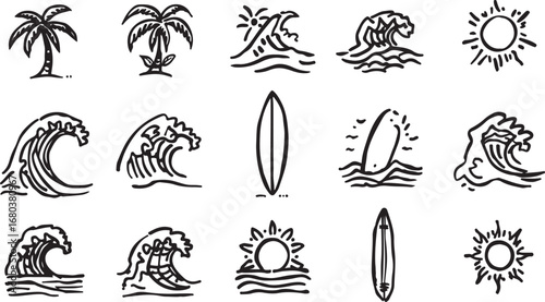 Surfing and Ocean Wave Set – Surfboard, Waves, Sun, Water, Sea, Sport, Adventure, Ocean, Coast, Beach, Lifestyle, Extreme, Travel, Holiday, Surf Club, Tropical, Outdoor, Summer