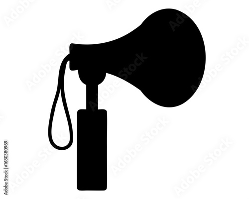 A striking black silhouette of a megaphone against a plain white background