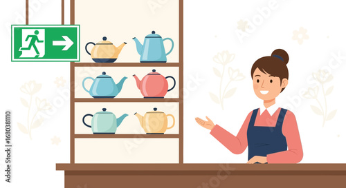 Tea Shop Owner Presenting Various Teapots on Display with a Clear Exit Sign