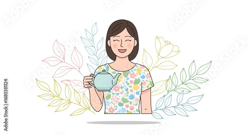 Smiling Woman Holding Teapot With Floral Shirt And Decorative Floral Elements