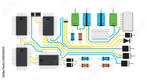 Simplified electronic circuit diagram with microchips, capacitors, and connections in vector style