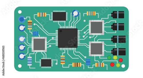 Detailed Flat Illustration of Green Electronic Circuit Board with Microchips and Various Components Depiction