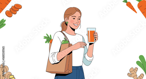 Smiling Woman Holds Fresh Juice While Grocery Shopping for Healthy Lifestyle