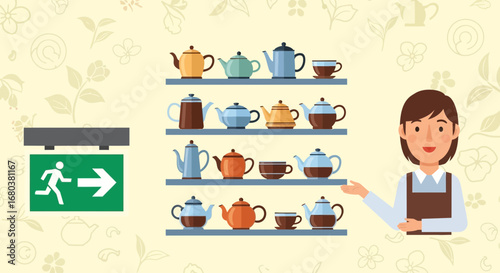 Tea Time Delights: A Shopkeeper Presenting a Collection of Teapots and Cups