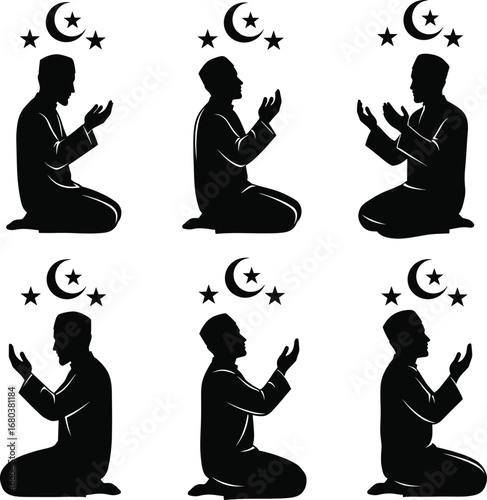Muslim Men Praying Silhouette Vector with Crescent Moon and Star Icons, Islamic Worship Illustration for Ramadan, Religion, and Spirituality