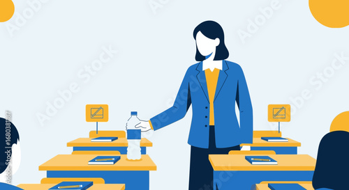 Teacher Distributing Water Bottles To Students In Classroom During Educational Instruction