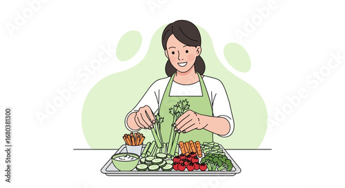 Smiling Woman Prepares Fresh Vegetables, Setting Up A Beautiful Vegetarian Appetizer