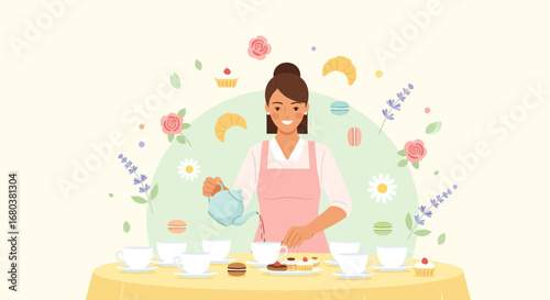 Smiling Woman Preparing Tea Served At A Table With Afternoon Sweet Treats And Floral Decor