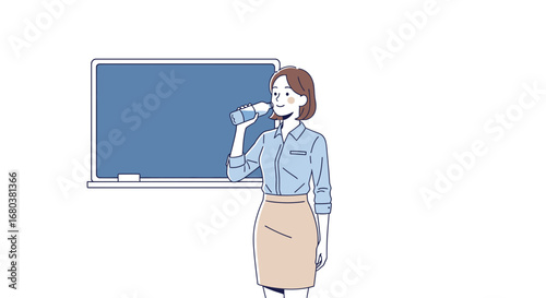 Teacher Rehydrating Near a Schoolboard, Illustration of Wellbeing and Freshness in Academics