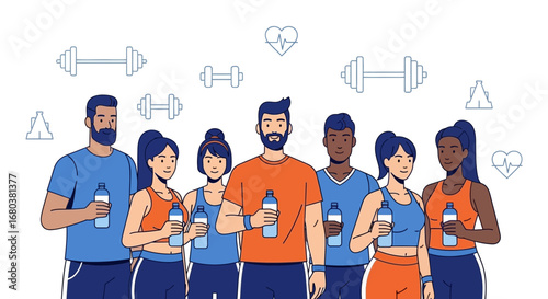 Team Fitness Illustration Depicting Wellness and Healthy Lifestyle with Exercise and Hydration