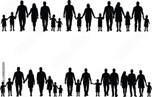 Silhouettes of large diverse families holding hands, united together, parent child connection, multigenerational bond, love, support, community unity, happiness, togetherness, strength, teamwork