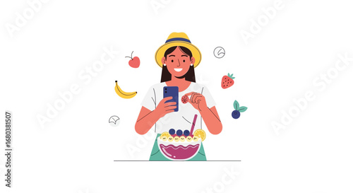 Smiling Woman Takes Phone Picture Of Healthy Smoothie Bowl With Fresh Fruit