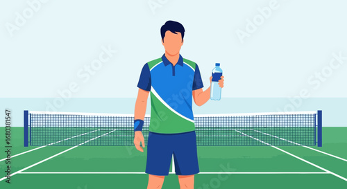 Tennis Player Holding Refreshing Water Bottle During Court Pause Illustration