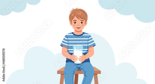 Smiling Young Person Holding Glass of Milk While Sitting, Healthy Lifestyle Concept Illustration