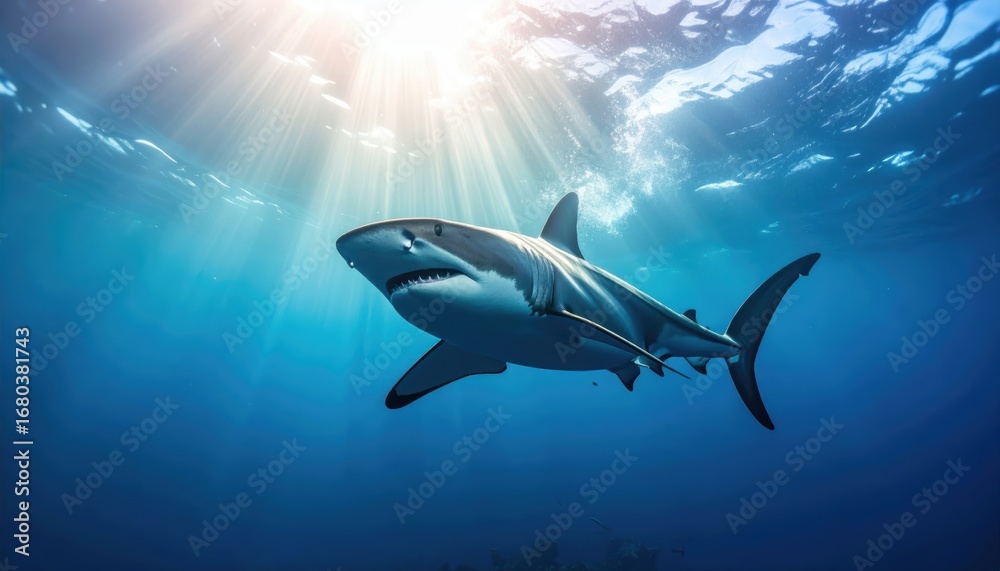 Fototapeta premium Majestic great white shark gliding through sunlit ocean depths with grace and power
