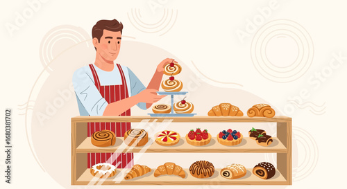 The Baker Displays Assortment Of Fresh Pastries And Bakes In A Lovely Bread Shop