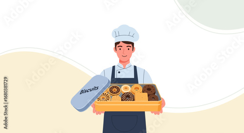 The Baker Presents A Box Filled With A Delicious Assortment Of Biscuits Freshly Baked Today